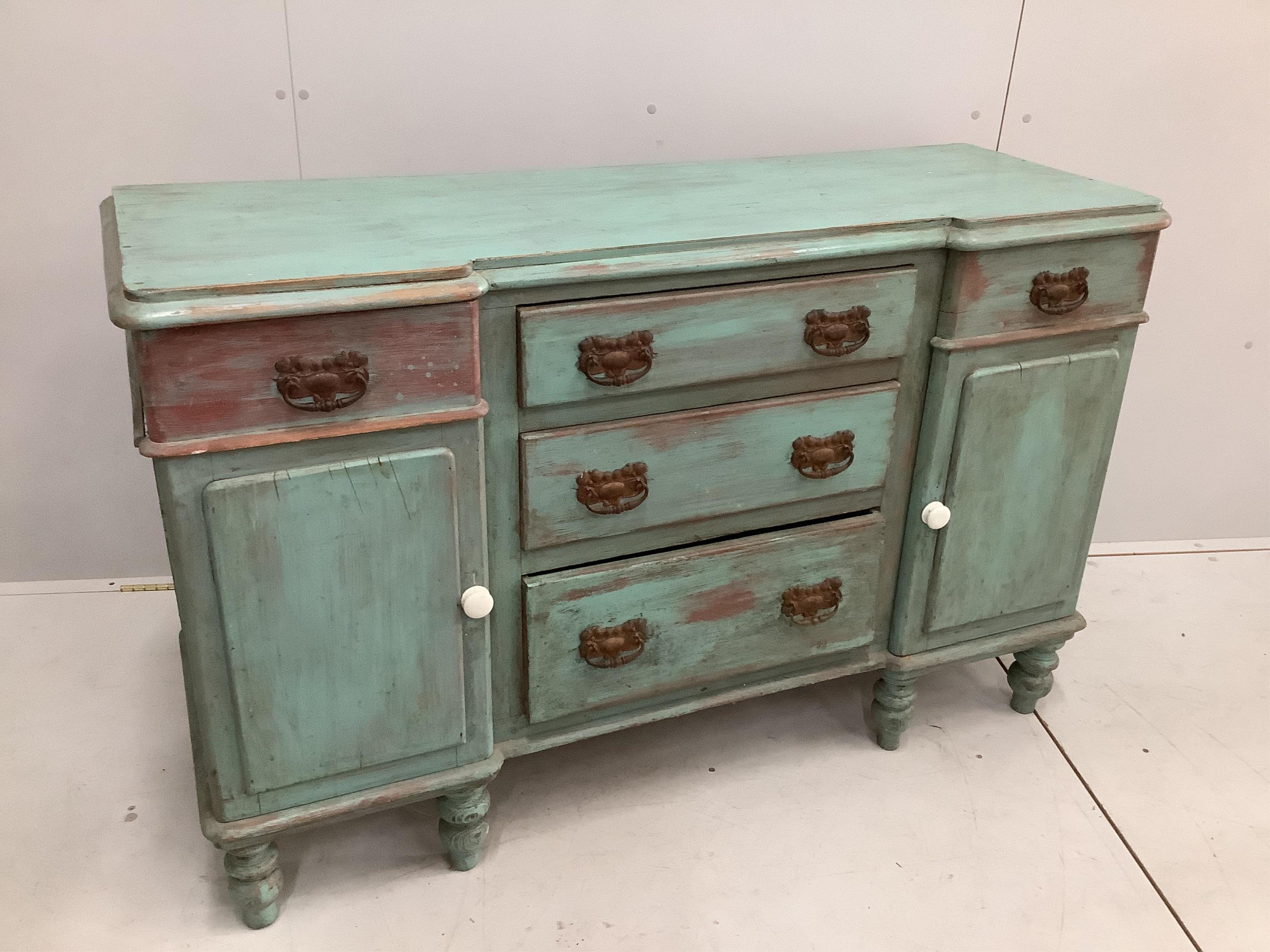 A Victorian style painted pine inverse breakfront low dresser, width 137cm, depth 47cm, height 88cm. Condition - fair